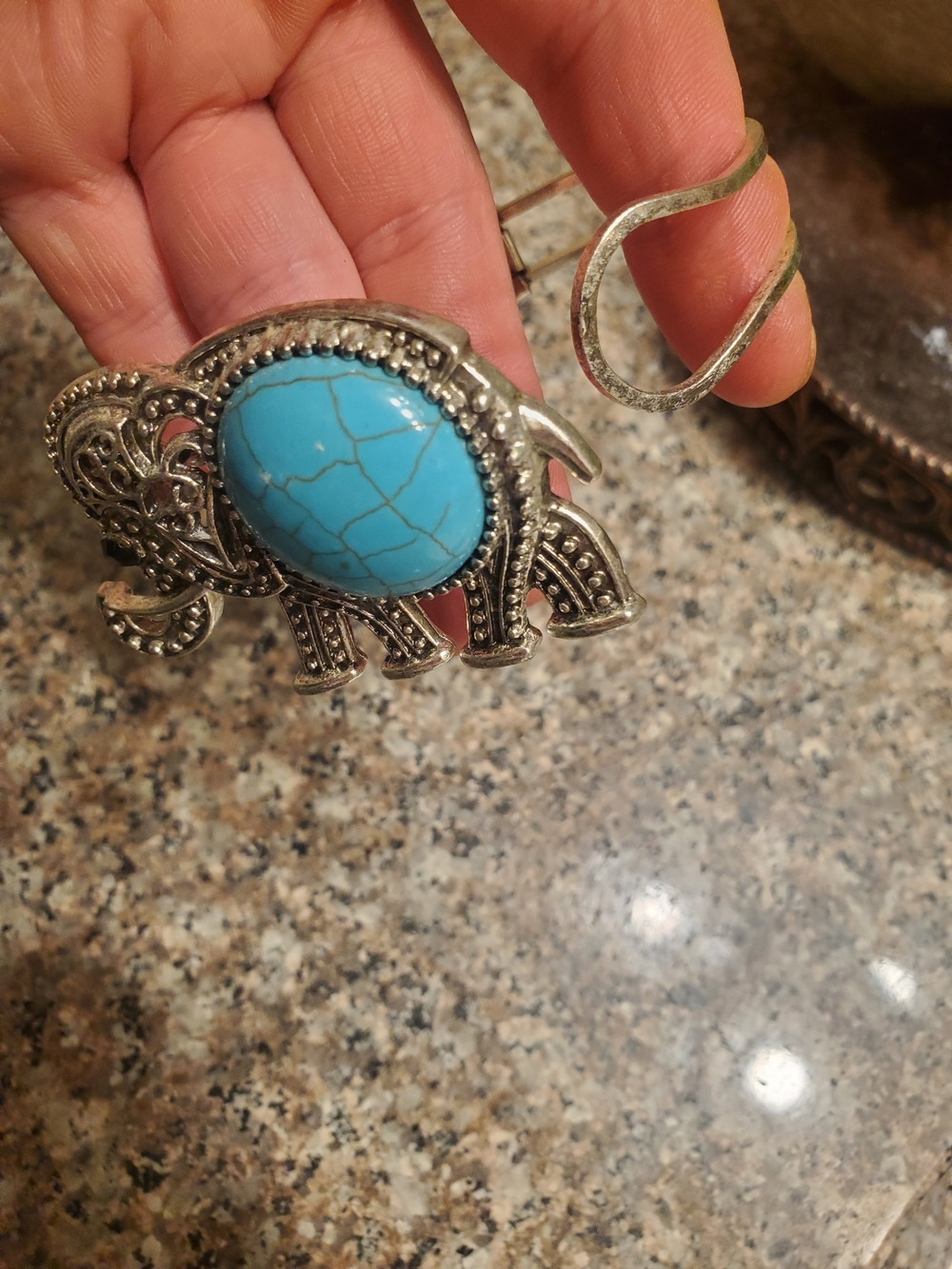 Turquoise Stone Silver Elephant Cuff Bracelet - Women Jewelry - Picture 3 of 5
